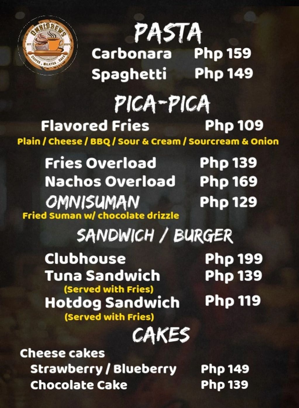A menu of different types of food.
