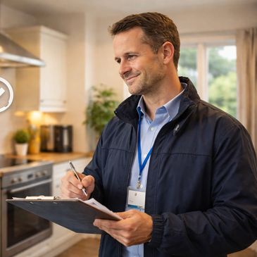 Home inspector evaluating kitchen with checklist and approval icons.