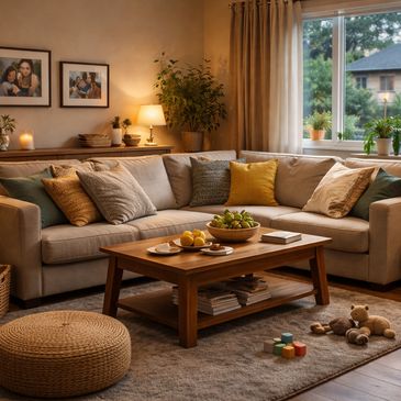 Cozy living room with plush sofa, warm lighting, and playful children's toys.