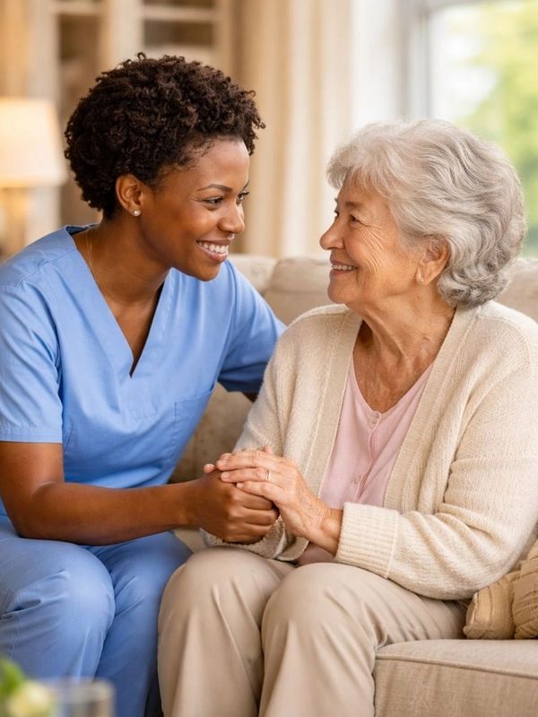 A nurse warmly holding hands with an elderly woman, sharing a smile.