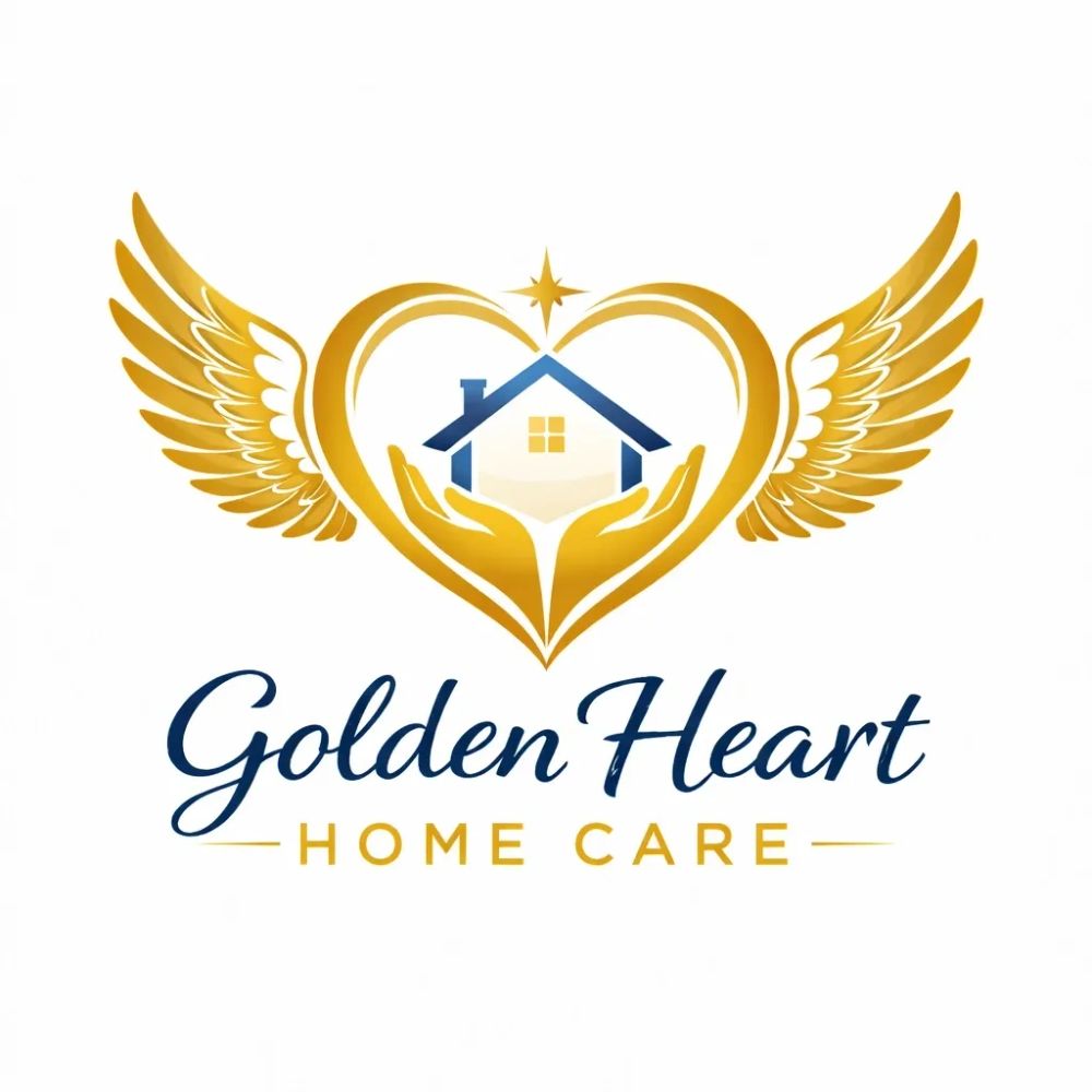 Golden Heart Home Care logo with hands, heart, wings, and a house symbolizing care and protection.