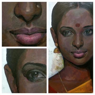 Detailed portrait of a woman in traditional attire with close-ups of her eye and lips.