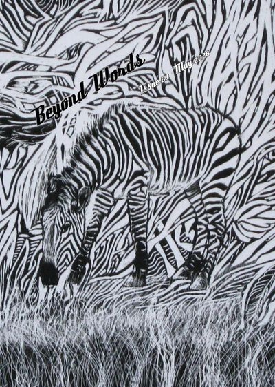 A zebra blending into a zebra-patterned background.