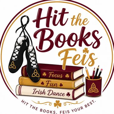 Logo for Hit the Books Feis with dancing shoes and books.