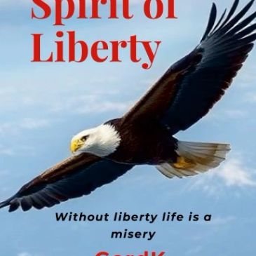 Bald eagle soaring with text about liberty and life.