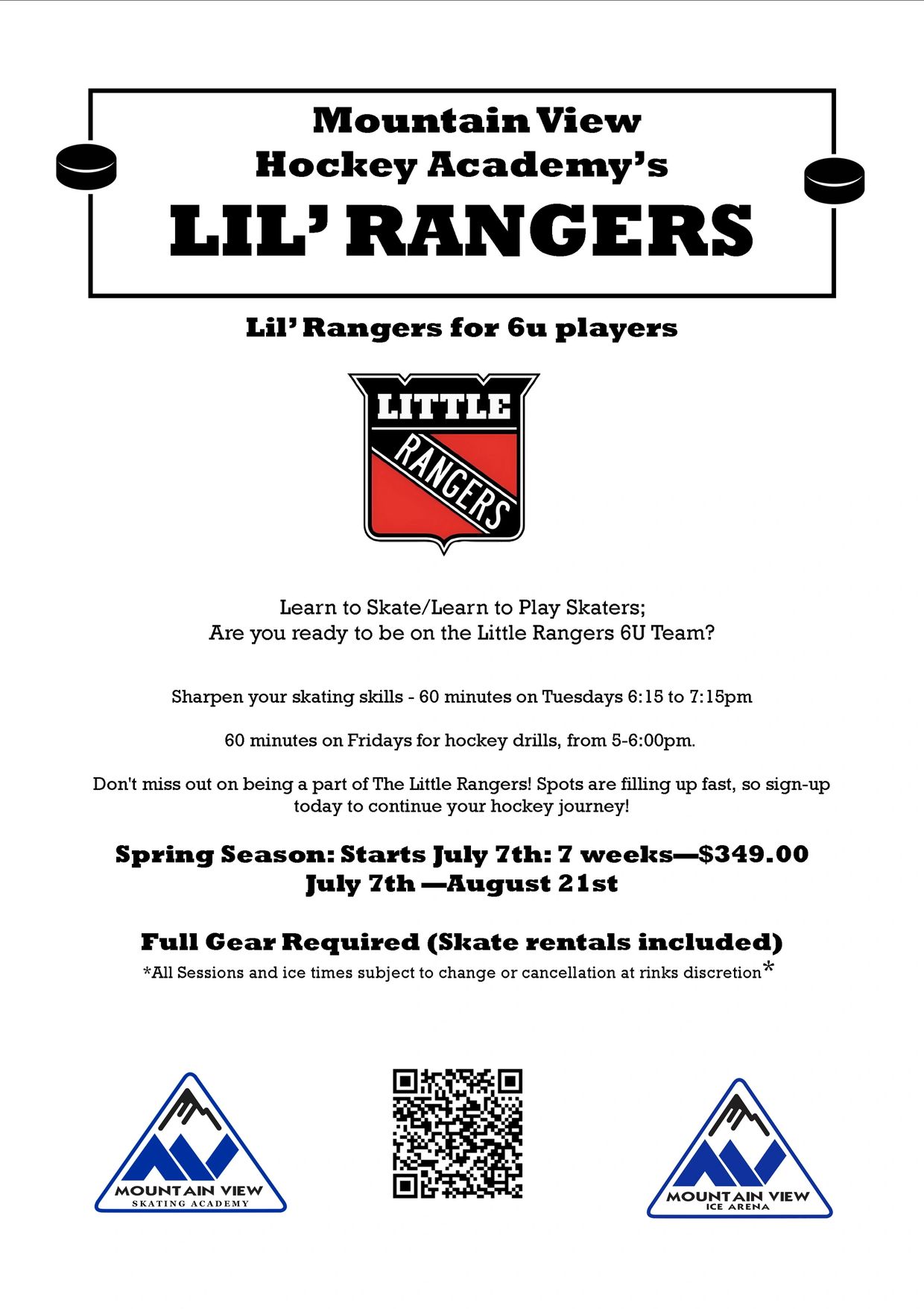 Flyer for Mountain View Hockey Academy's Lil' Rangers program for 6u players.