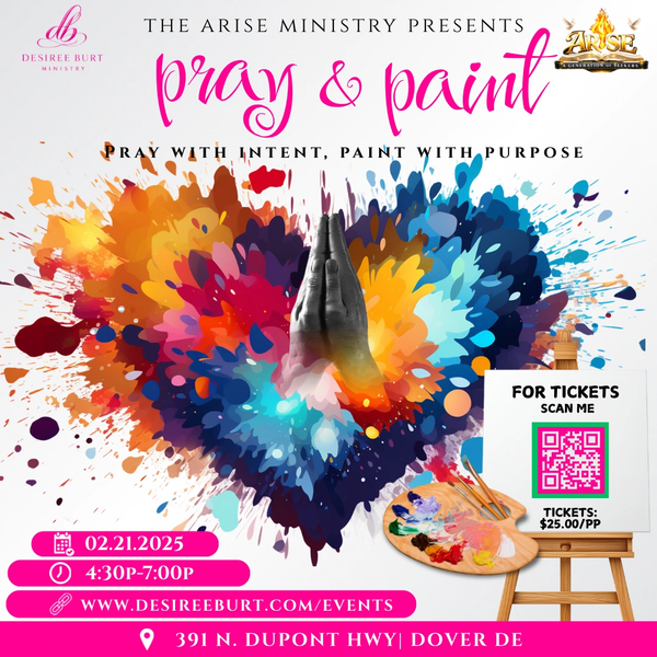 Colorful Pray &amp; Paint event flyer with praying hands and paint splashes.