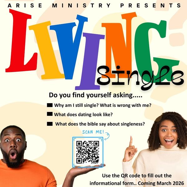Colorful flyer for 'Living Single' event by Arise Ministry, March 2026.