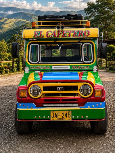 Colorful jeep named El Cafetero in a rural setting.