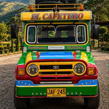 Colorful traditional Colombian jeep labeled 'El Cafetero'.