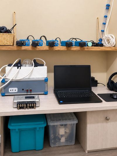 Workspace with laptop and electronic equipment on desk and shelf.