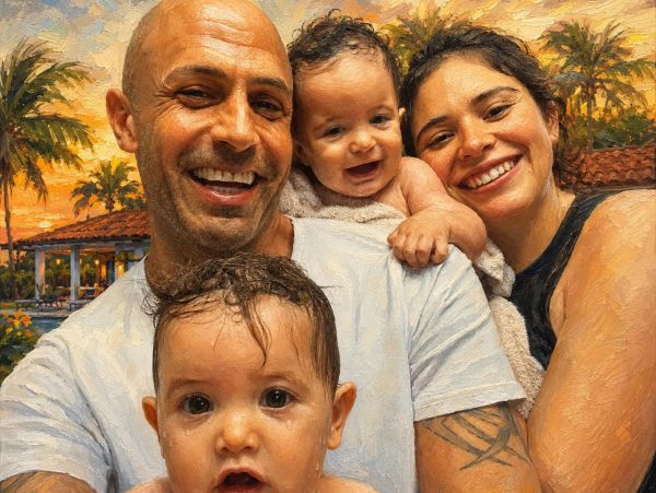 Smiling family of four with tropical background.