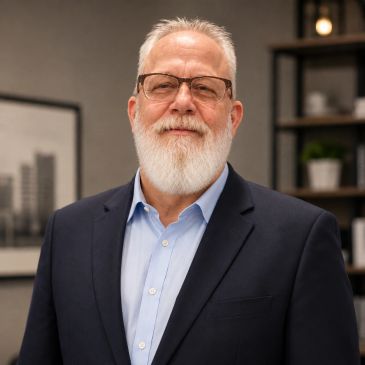 Confident older man with white beard and glasses in suit.