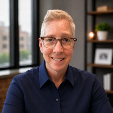 Person with short blonde hair and glasses smiling indoors.
