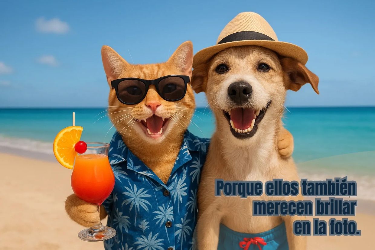 Un gato y un perro vestidos para la playa, disfrutando y posando para una foto.