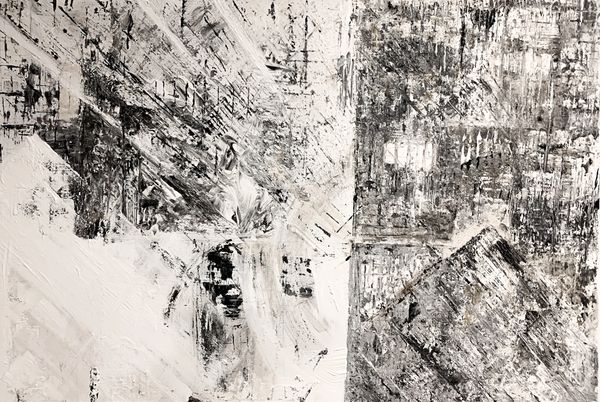 Up close visual of texture and detail on the semi-finalist painting, Battle Ready 24x36 mixed media.