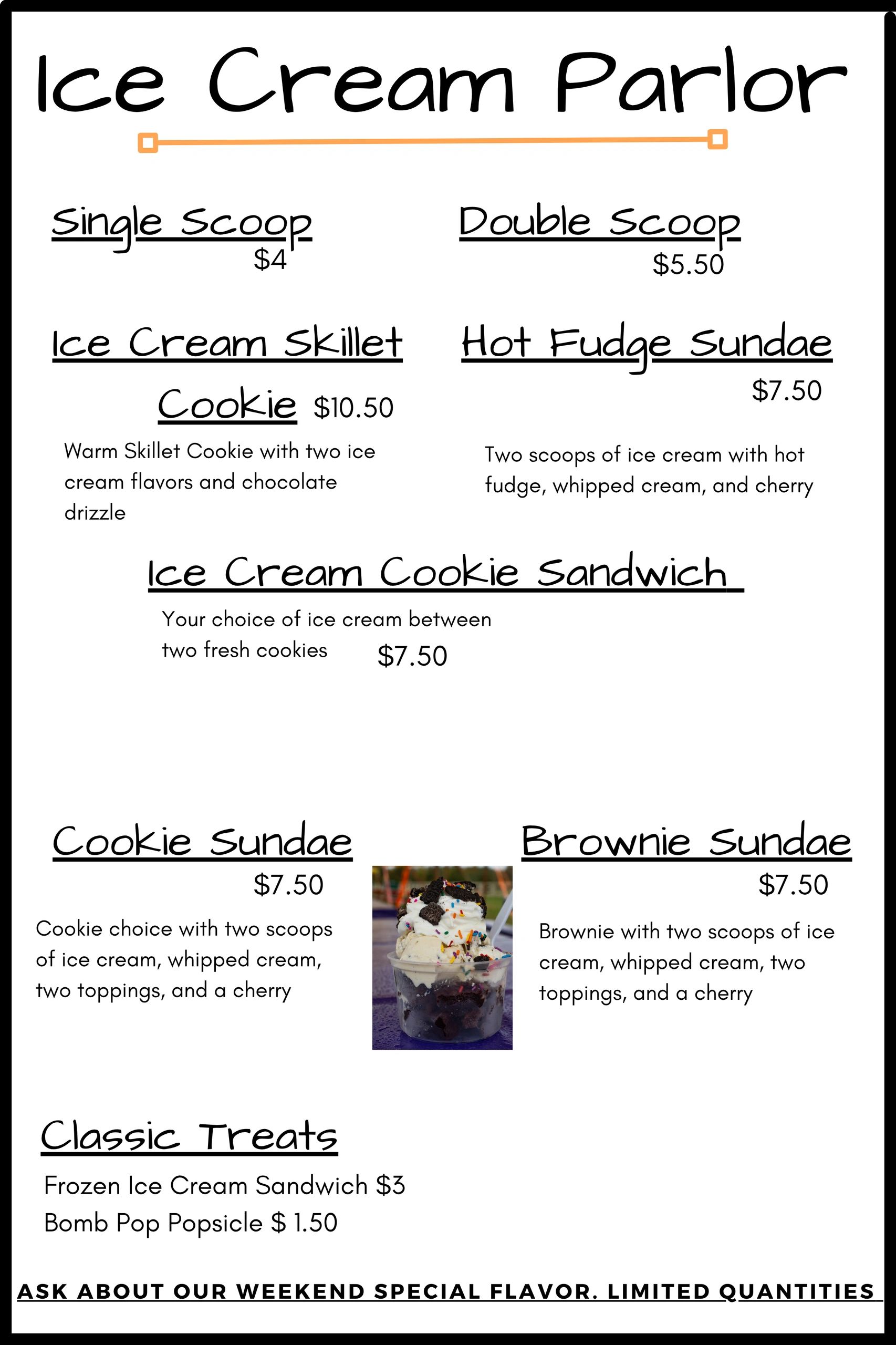 Ice Cream Parlor menu with various ice cream treats and prices.