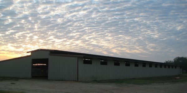 Long farm building under a dramatic early morning sky.