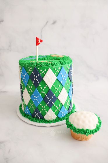 Golfing Themed 1st Birthday Cake with Golf Ball Cupcake