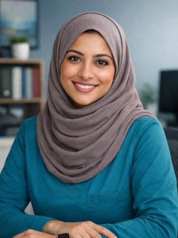 Smiling woman wearing a grey hijab and teal shirt indoors.