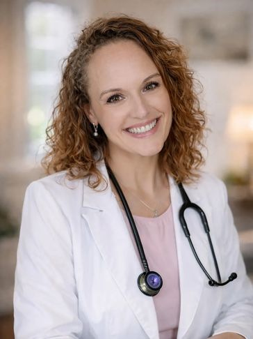Smiling female doctor with curly hair and stethoscope.