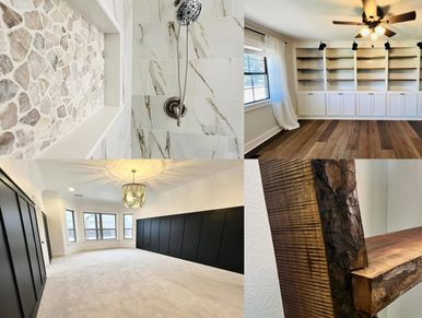 Collage of modern home interior details including shower, room, shelves, and wood furniture.