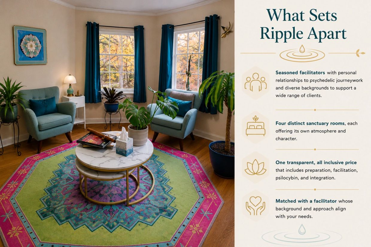 Private sanctuary room at Ripple Journeywork, an Oregon licensed psilocybin service center in Eugene