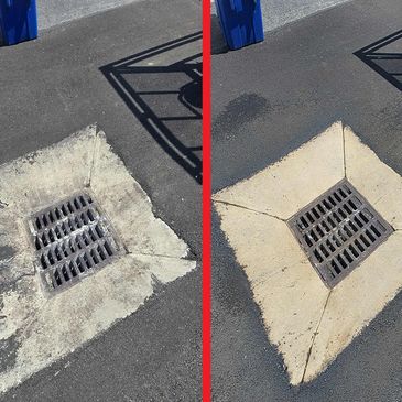 Before and after photos of a cleaned storm drain on asphalt pavement.