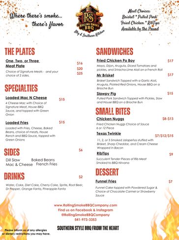 Arizona Menu for Rolling Smoke BBQ Company