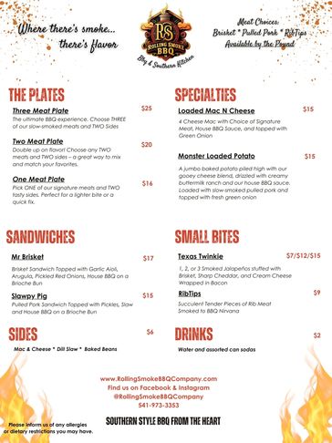 Oregon menu for Rolling Smoke BBQ Company