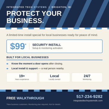 Ad for security installation special at $99 for local businesses.