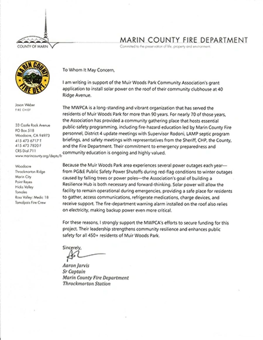 Support letter from Marin County Fire Department for solar power grant at Muir Woods Park clubhouse.