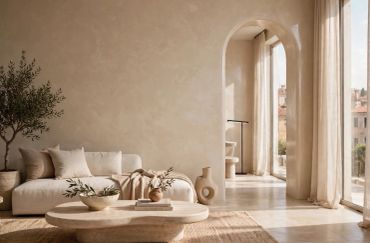 Minimalist living room with neutral tones and natural light.
