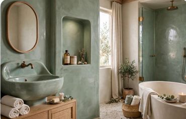 Stylish green bathroom with rustic design and natural decor.