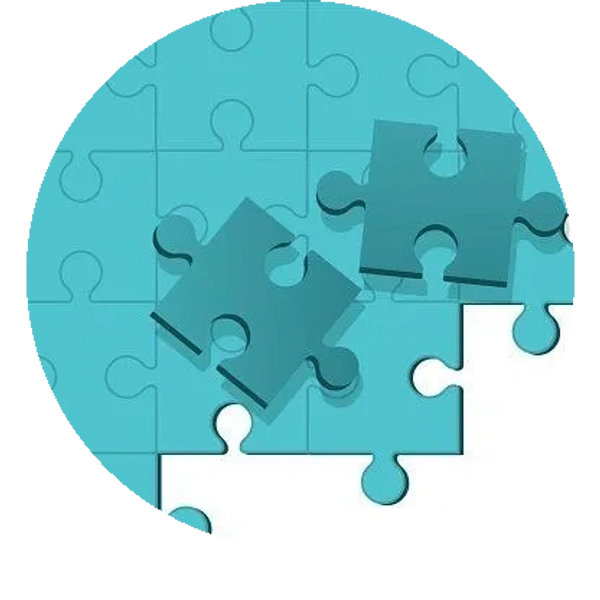 Two puzzle pieces about to fit into a nearly complete blue puzzle.