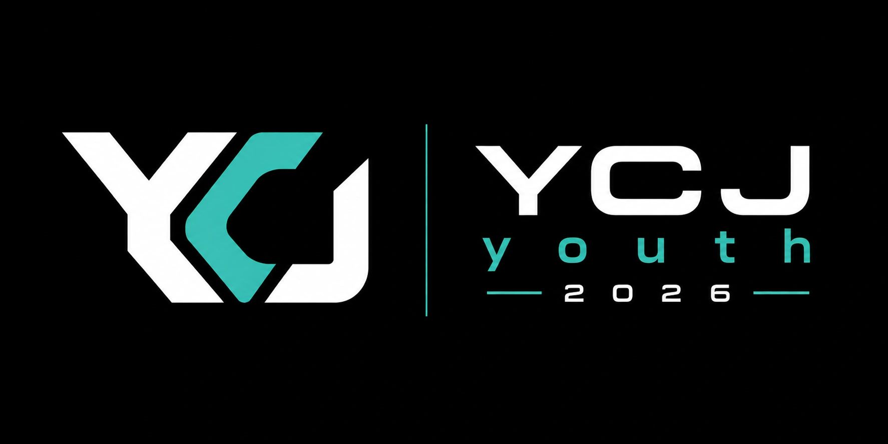 Modern YCJ Youth 2026 logo with teal and white design on black background.