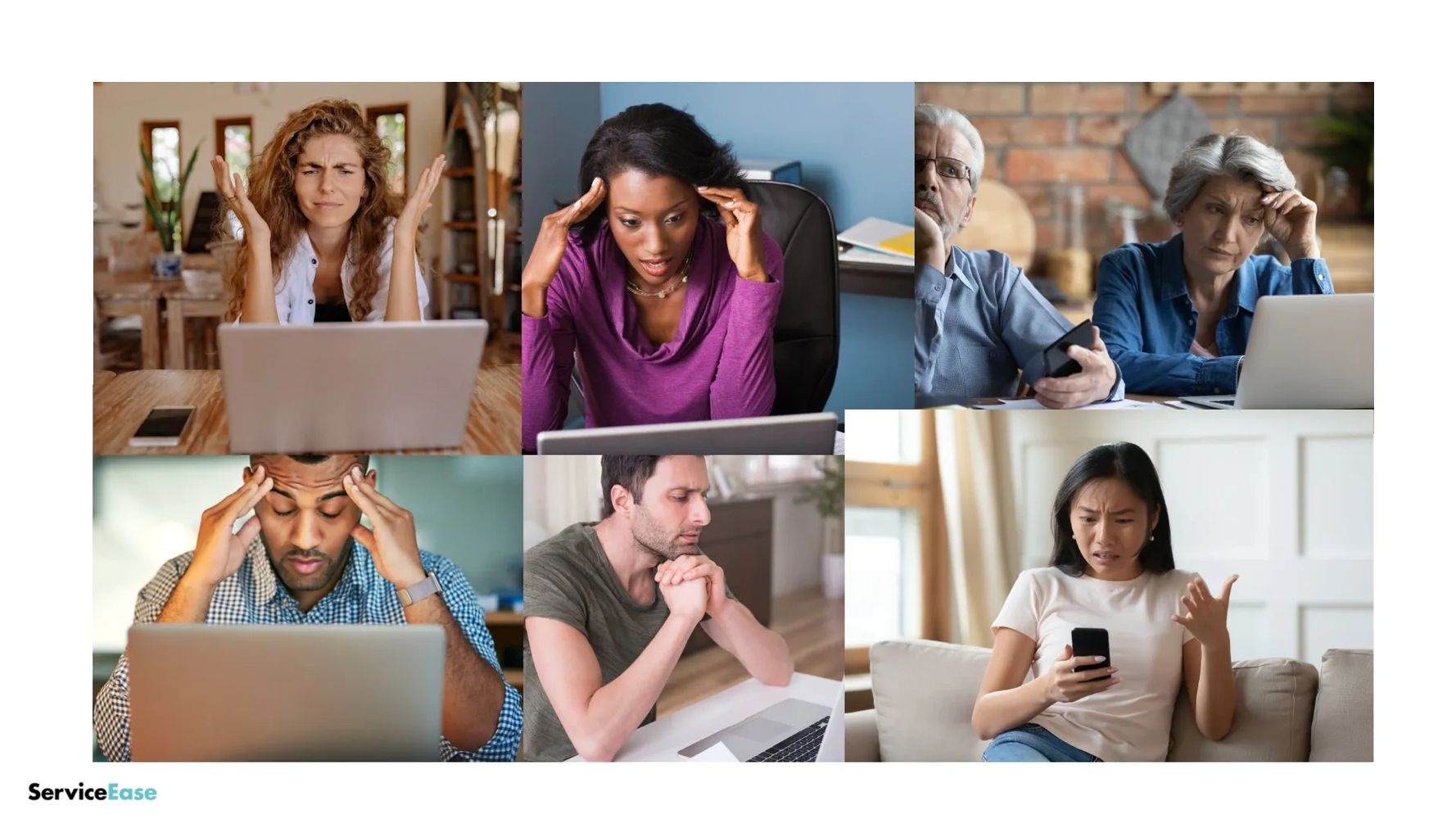 Collage of people looking at computers or phones with frustration, holding their heads or frowning,