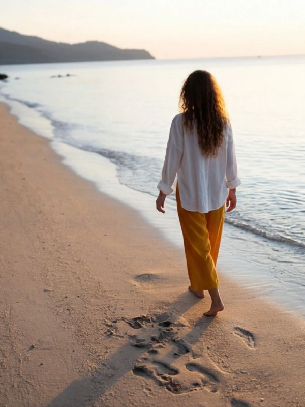 Woman with long hair walking barefoot on the beach during sunset.