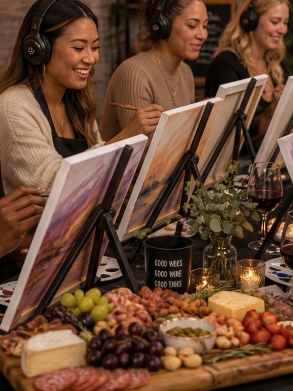 Women painting and enjoying a charcuterie board and wine at a social event.