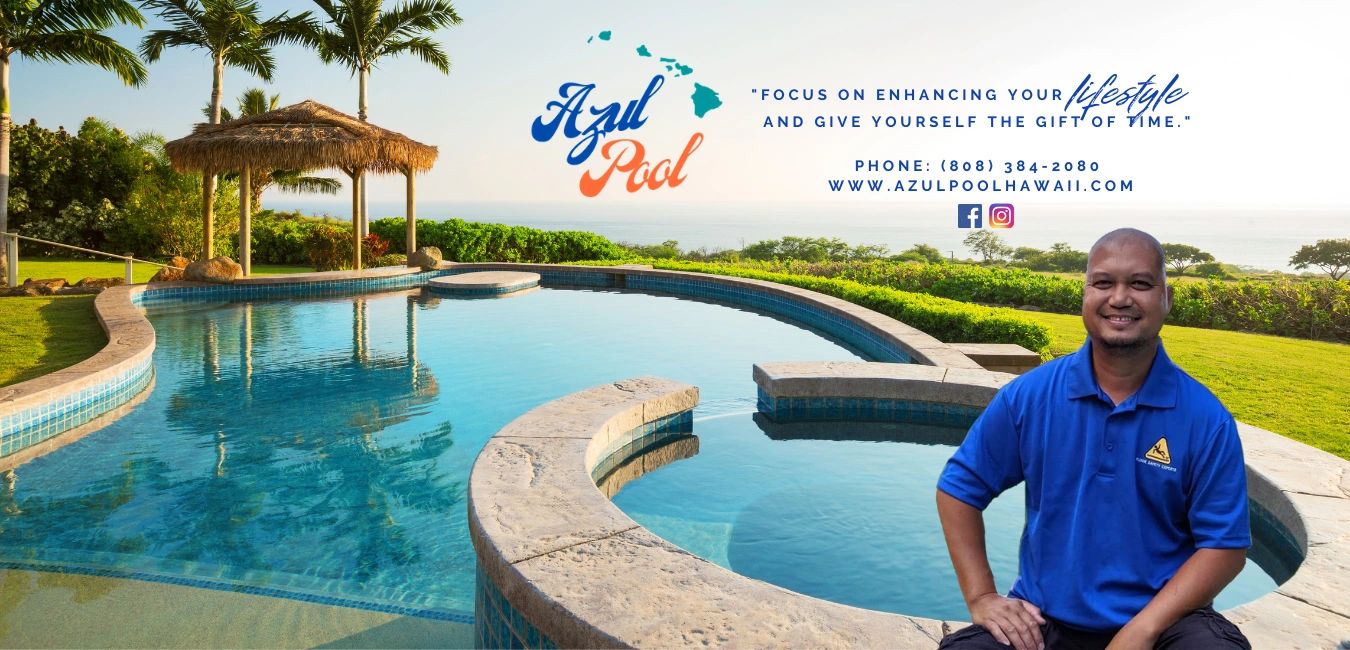 Guy cleaning swimming pool and spa near ocean, tropical landscape, gazebo and palm trees.