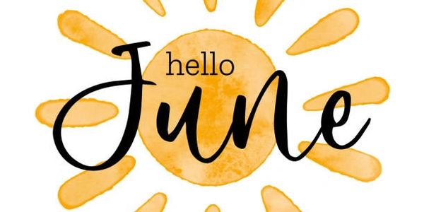 Bright watercolor sun with 'hello June' text in playful font.
