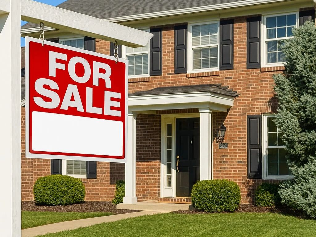 House with a 'For Sale' sign in front.