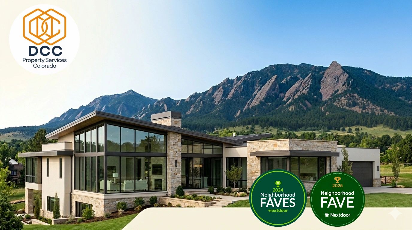 Modern house with mountain view, DCC Property Services logo, and Neighborhood Faves awards.