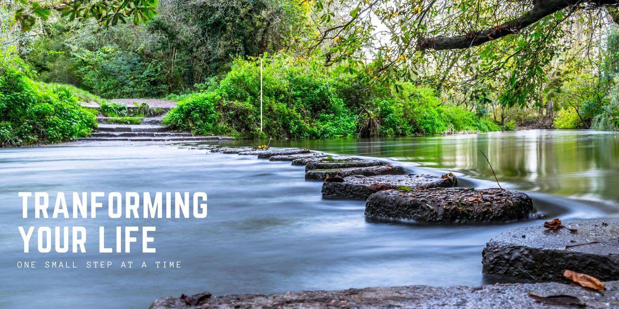 Stepping stones across a peaceful river with motivational text.