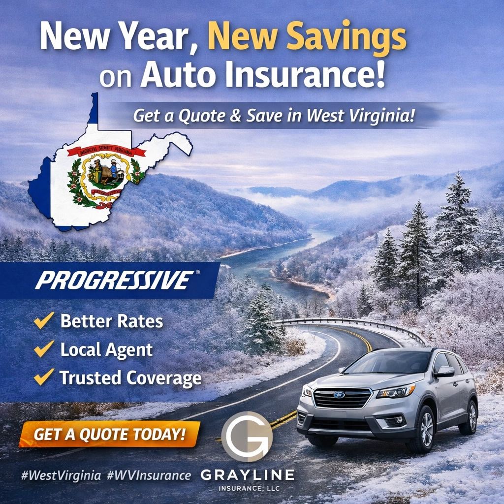 West Virginia winter road image promoting Progressive auto insurance quotes— GrayLine Insurance.