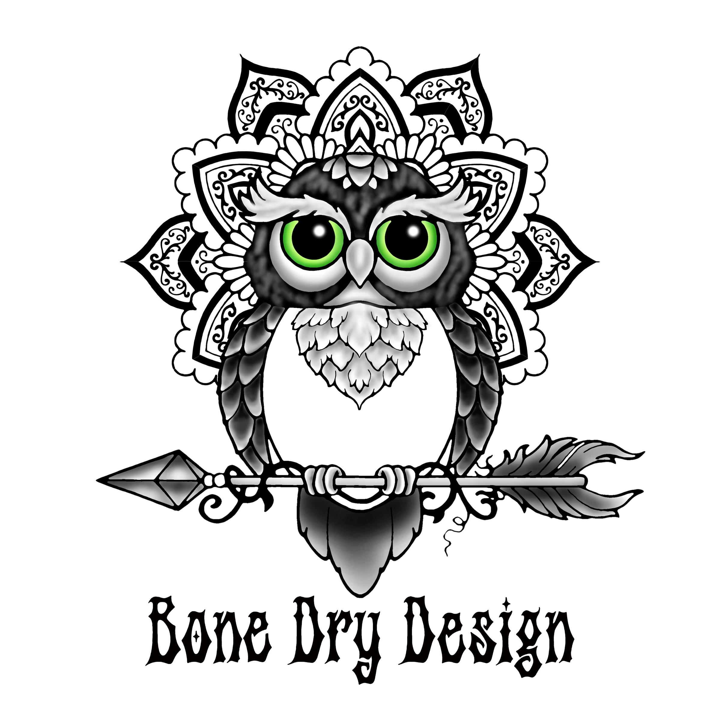 Owl with Green eyes holding an arrow with a mandala behind it. The brand name Bone Dry Design below.