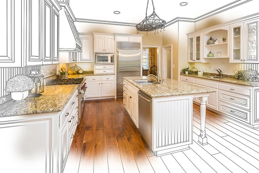 Half-drawn kitchen blending sketch and real elements with warm wood flooring.