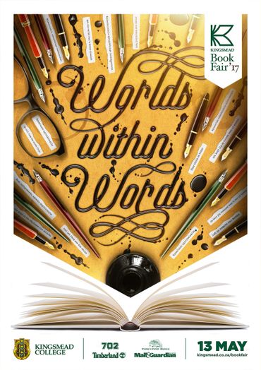 Book Fair poster with artistic calligraphy and writing tools.