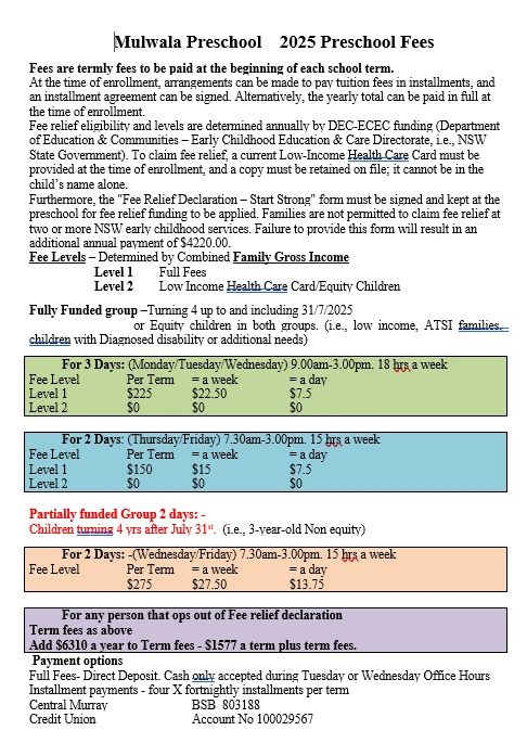 Mulwala Preschool 2025 fee structure with options for 3, 2, and partially funded days.