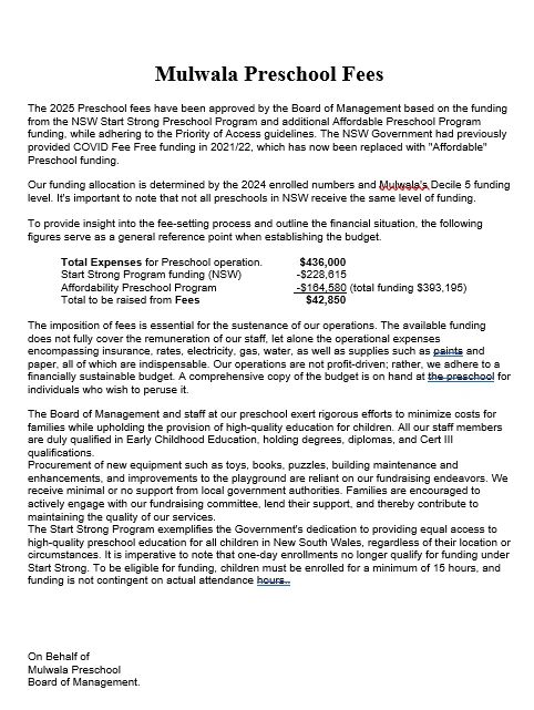 Document outlining Mulwala Preschool fees and funding for 2025.